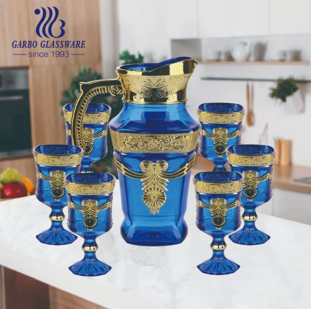 Middle East Electroplating Blue 7PCS Glass Jug and Goblet Drinking Glassware Set
