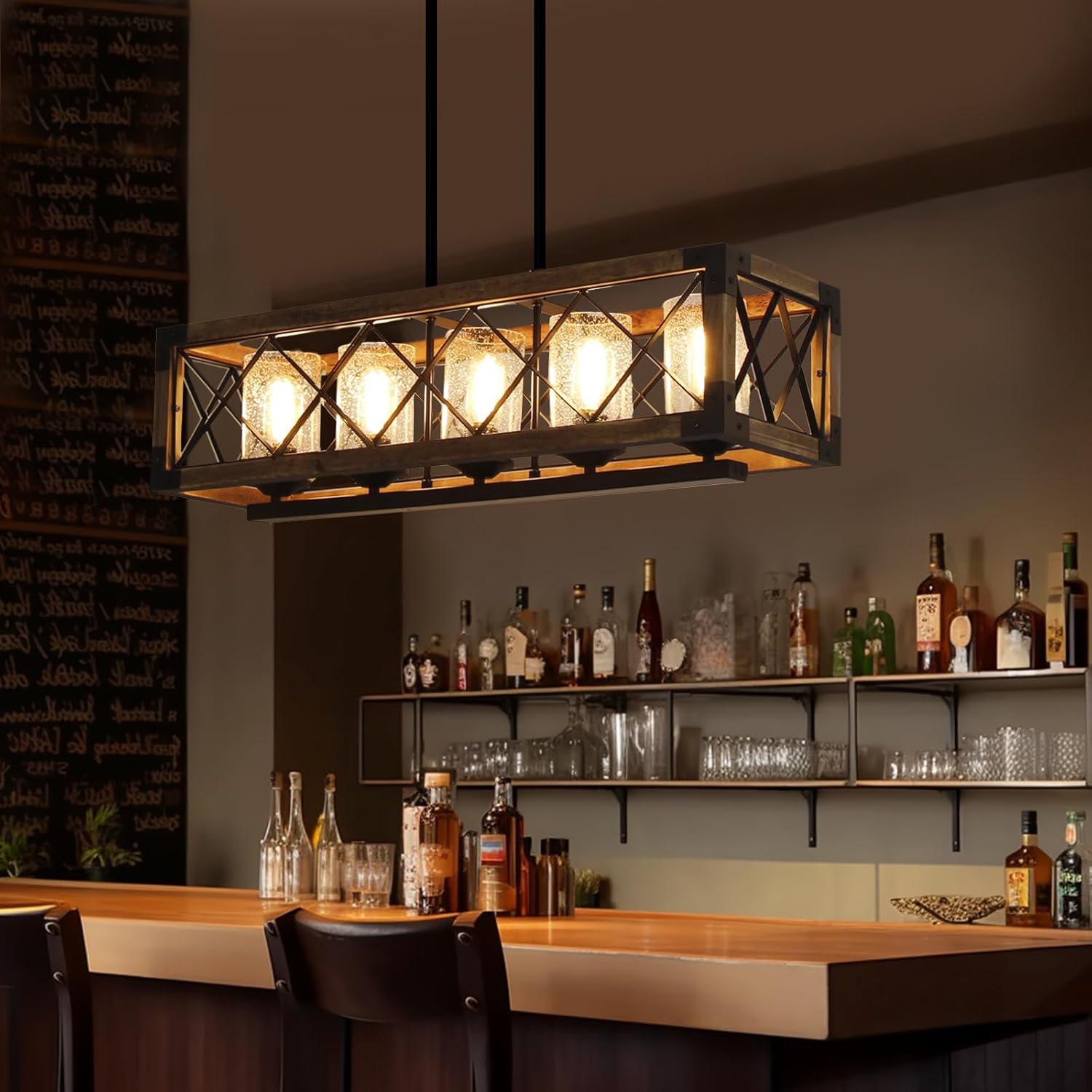 Giluta Rectangle Wood Metal Pendant Light Kitchen, (17810) Rustic Wood 5 Lights