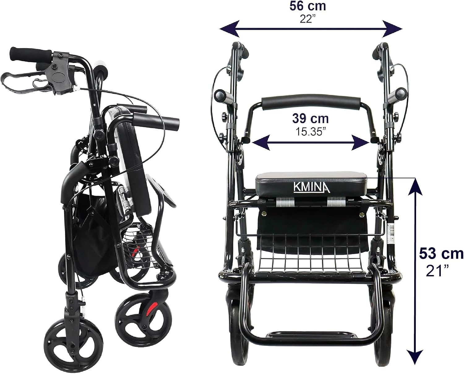KMINA Walkers for Seniors with Seat, Aluminum, Folding, Black