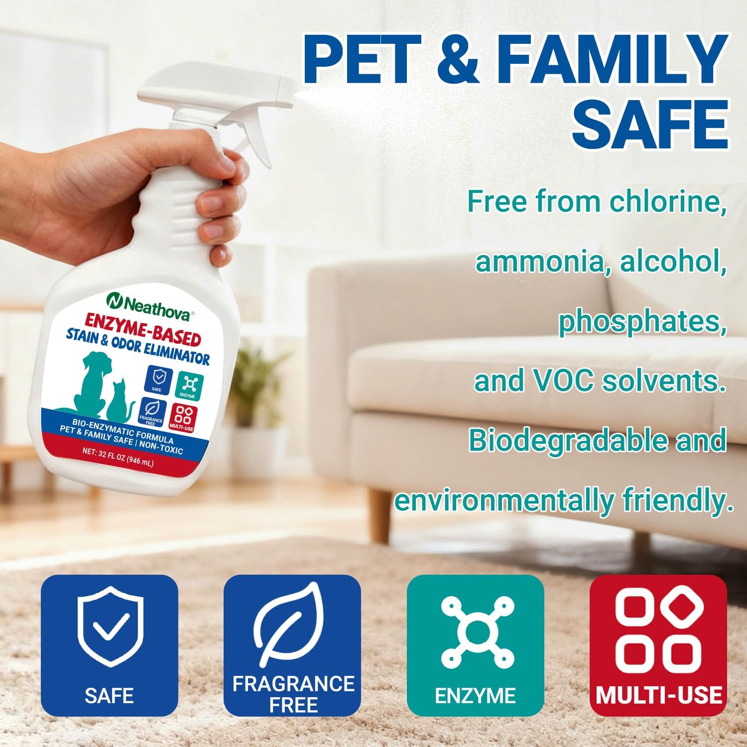 Neathova Stain & Strong Odor Eliminator, Enzyme Cleaner, Pet Odor Eliminator for Home