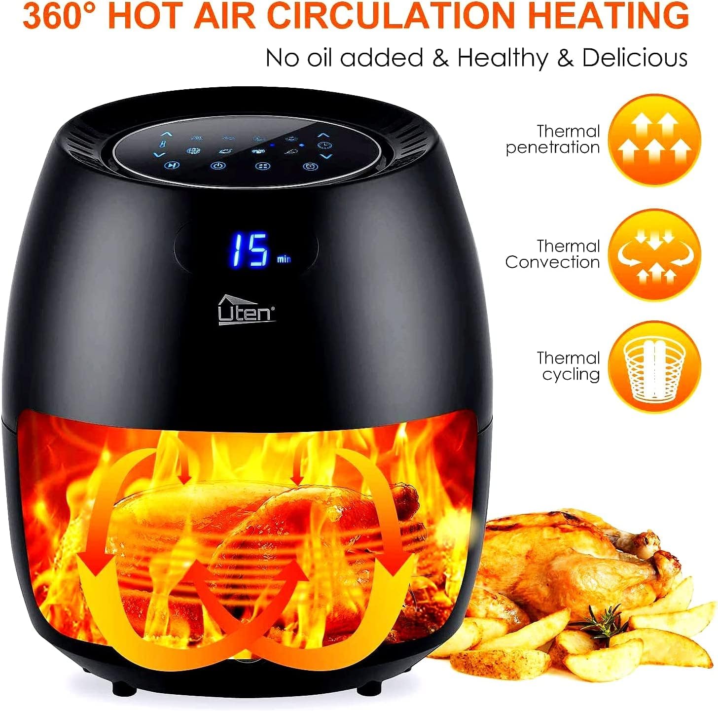 Uten Air Fryer 6.9QT/6.5L, 1700W High-power 8 in 1 Deep Frying Mode, Black |