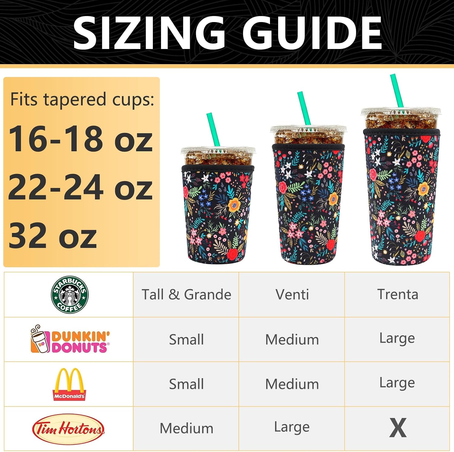 YR Reusable Neoprene Insulator Sleeve for Iced Coffee Cups, 3pcs/pack