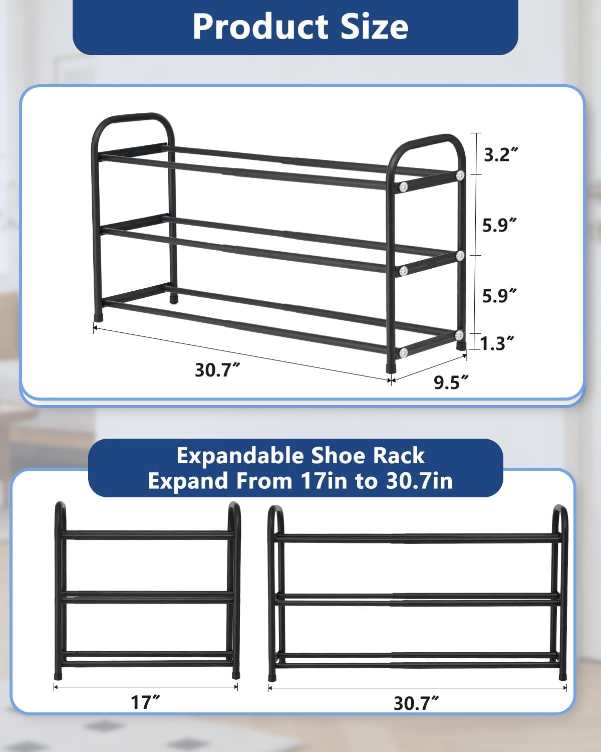 ASULUPHY Black Expandable Shoe Rack, 3 Tier Metal, 17" - 30.7" × 9.5"