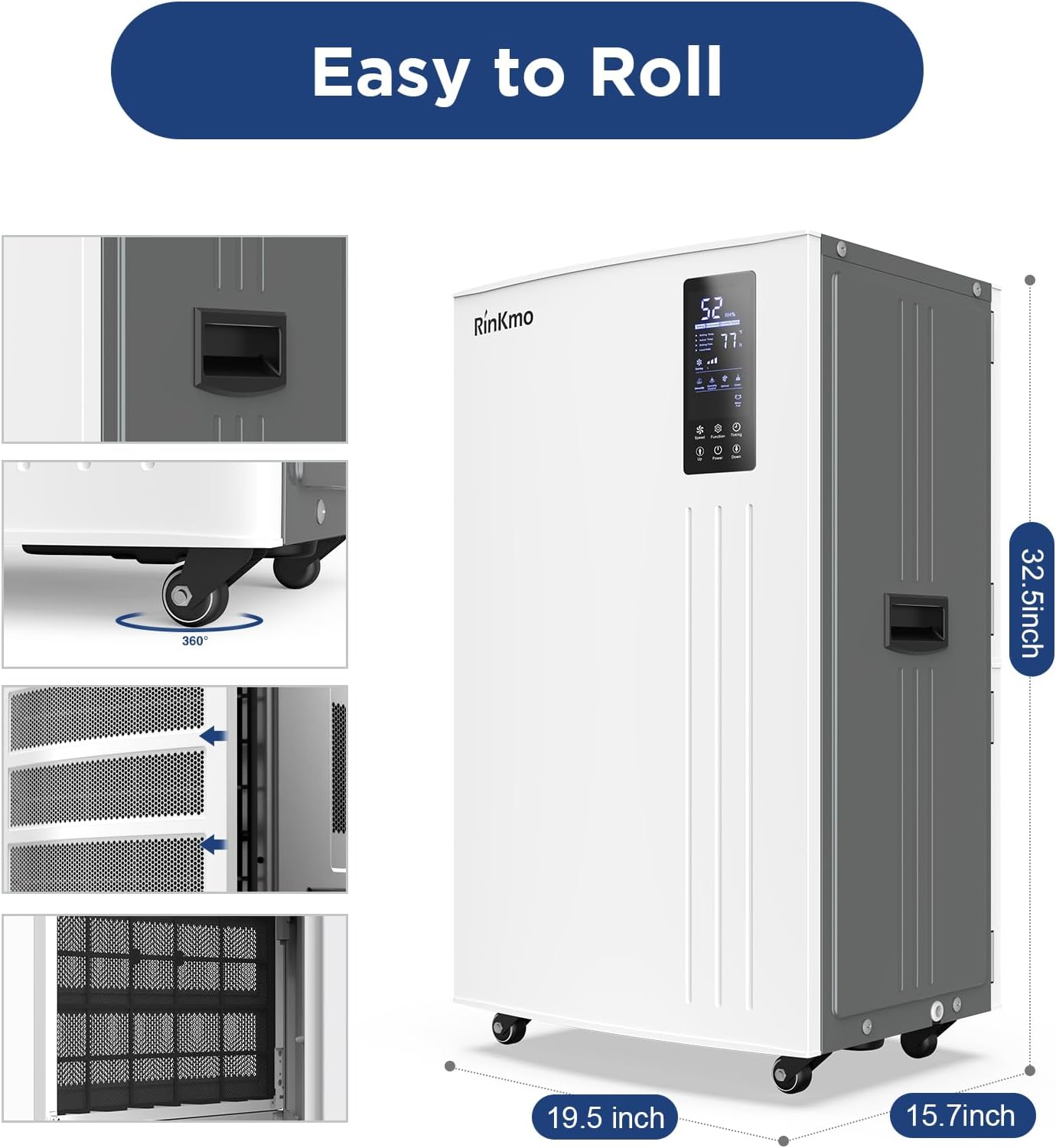 RINKMO 296 Pint Commercial Dehumidifier 37 Gallons, Max 1900W, PD1201A, White/Grey