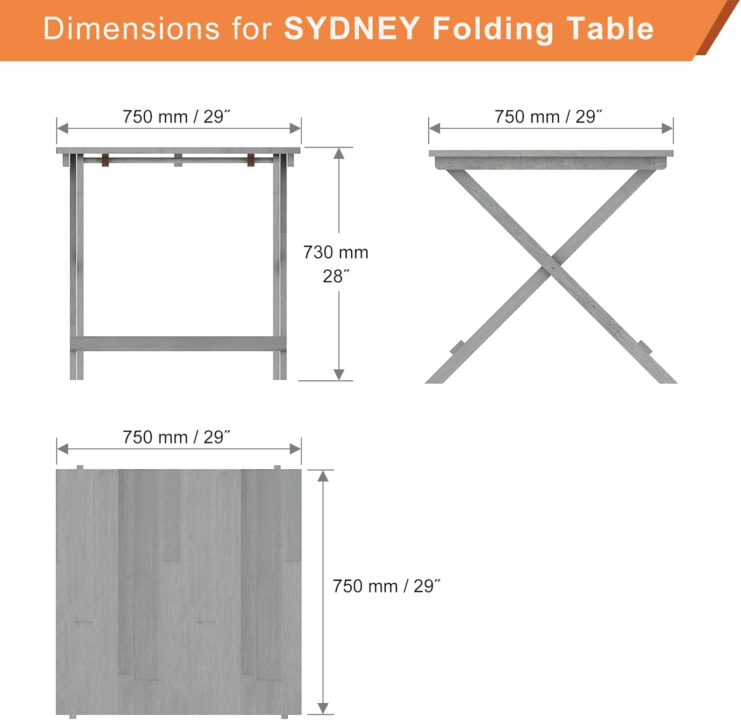 INTERBUILD Sydney 30 in L x 30 in W x 29 in H Acacia Folding Bistro Table, Dusk Grey
