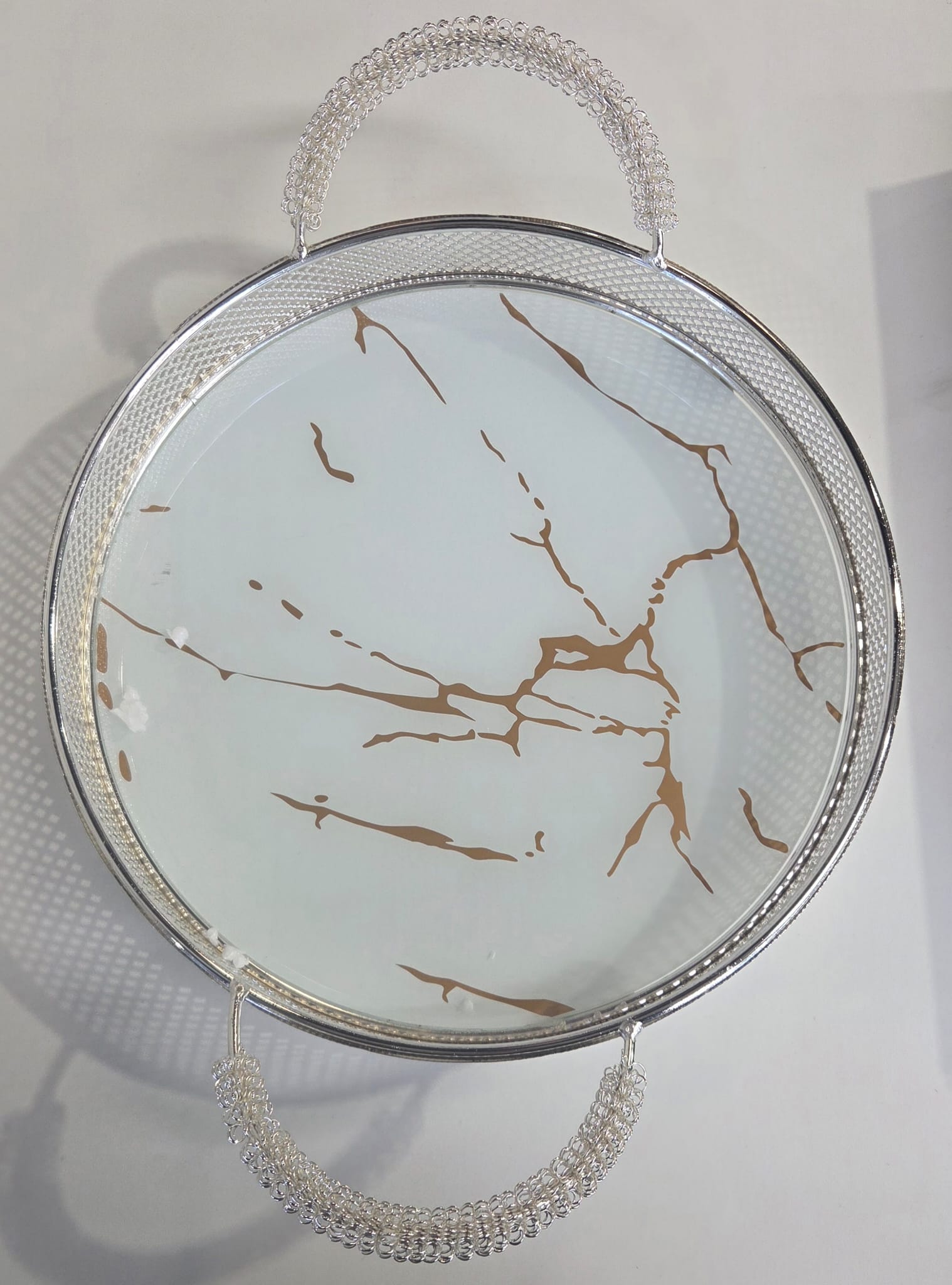 TRAY ROUND SILVER-TONED WHITE TONED L