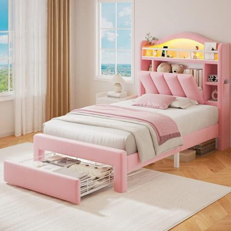 Twin LED Bed Frame with Storage Headboard & 2 Storage Drawers, PINK
