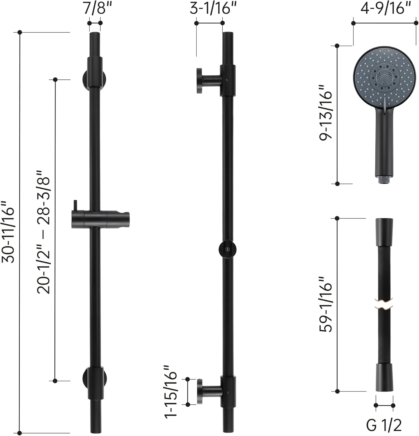 KES Matte Black 30-Inch Shower Slide Bar with Adjustable Handheld Shower Head and 59-Inch Hose,