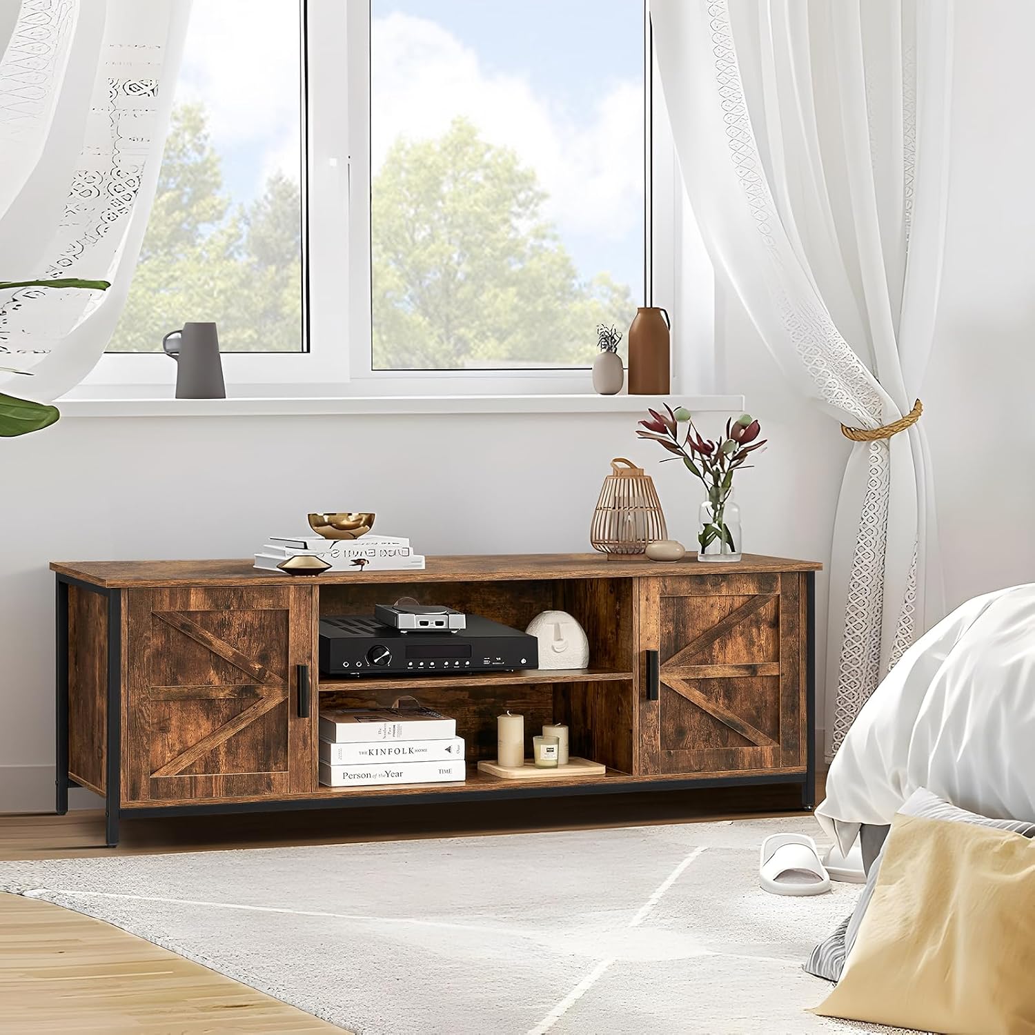 FIONESO Farmhouse TV Stand for up to 60 Inch TV, Rustic Brown