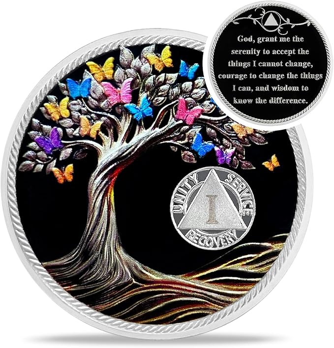 Delicate 1 Hours Sobriety Coin Recovery Butterfly Tree of Life AA Coins