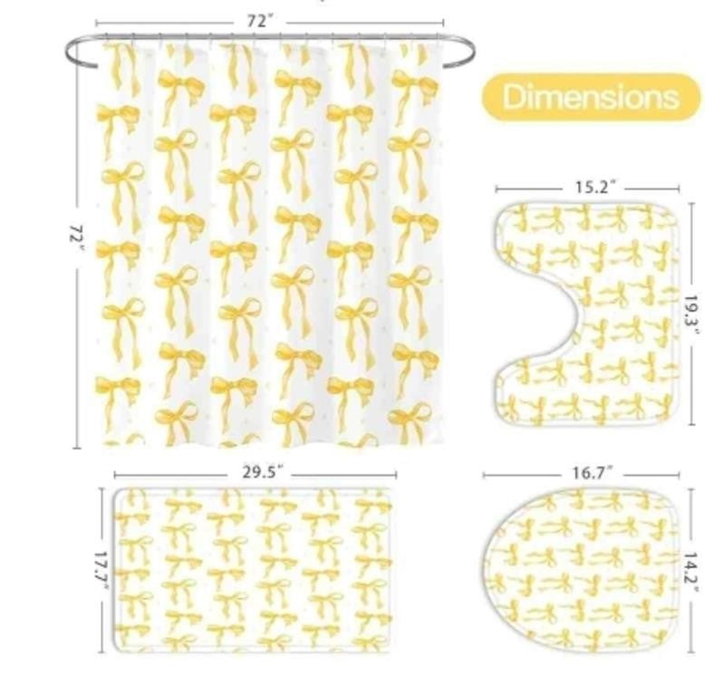 Litabel 4Pcs Cute Yellow Bow Shower Curtain Sets with Rug,