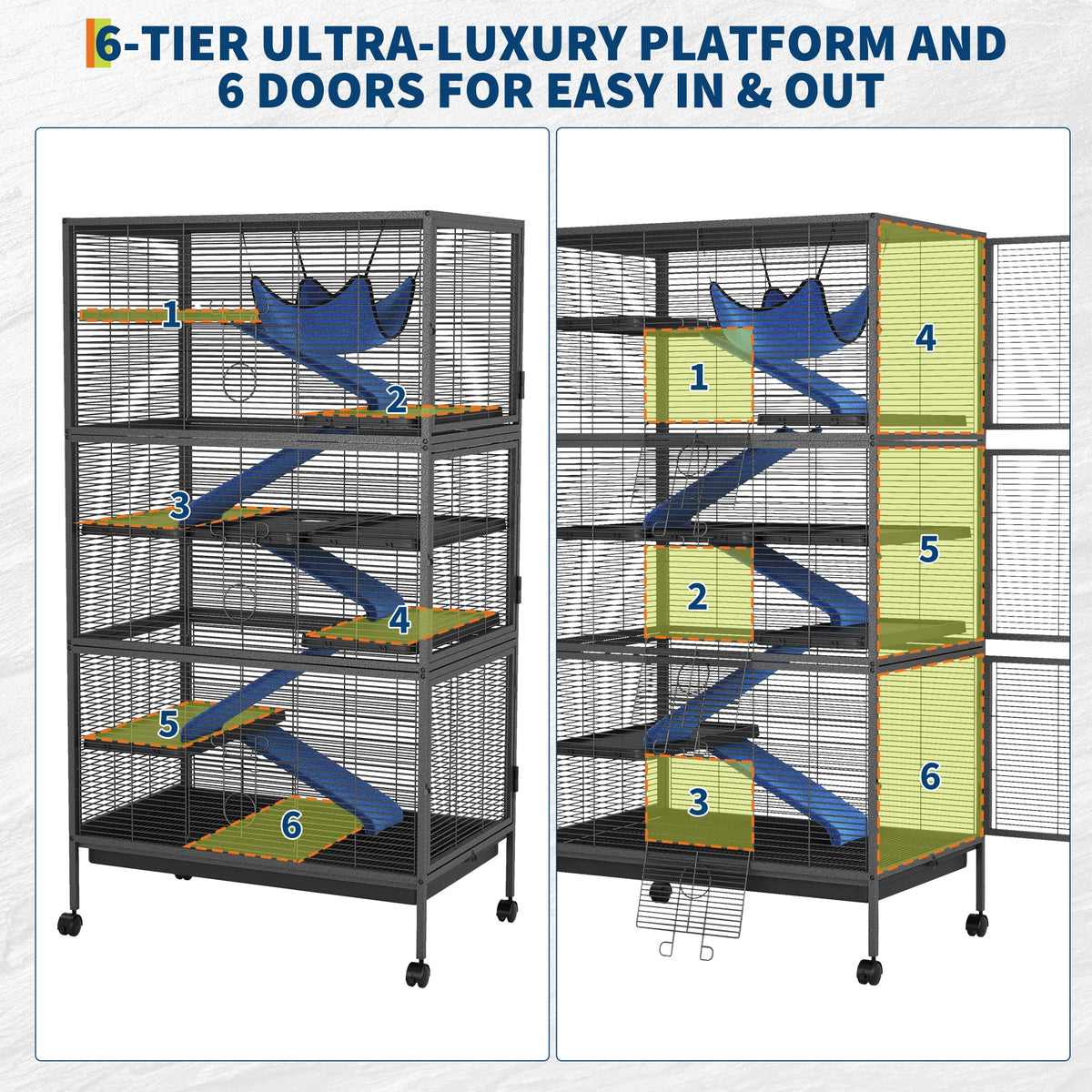 Garvee Spacious 6-Tier Metal Small Animal Cage, Lockable Double Doors, PPS_3346GP83, Black