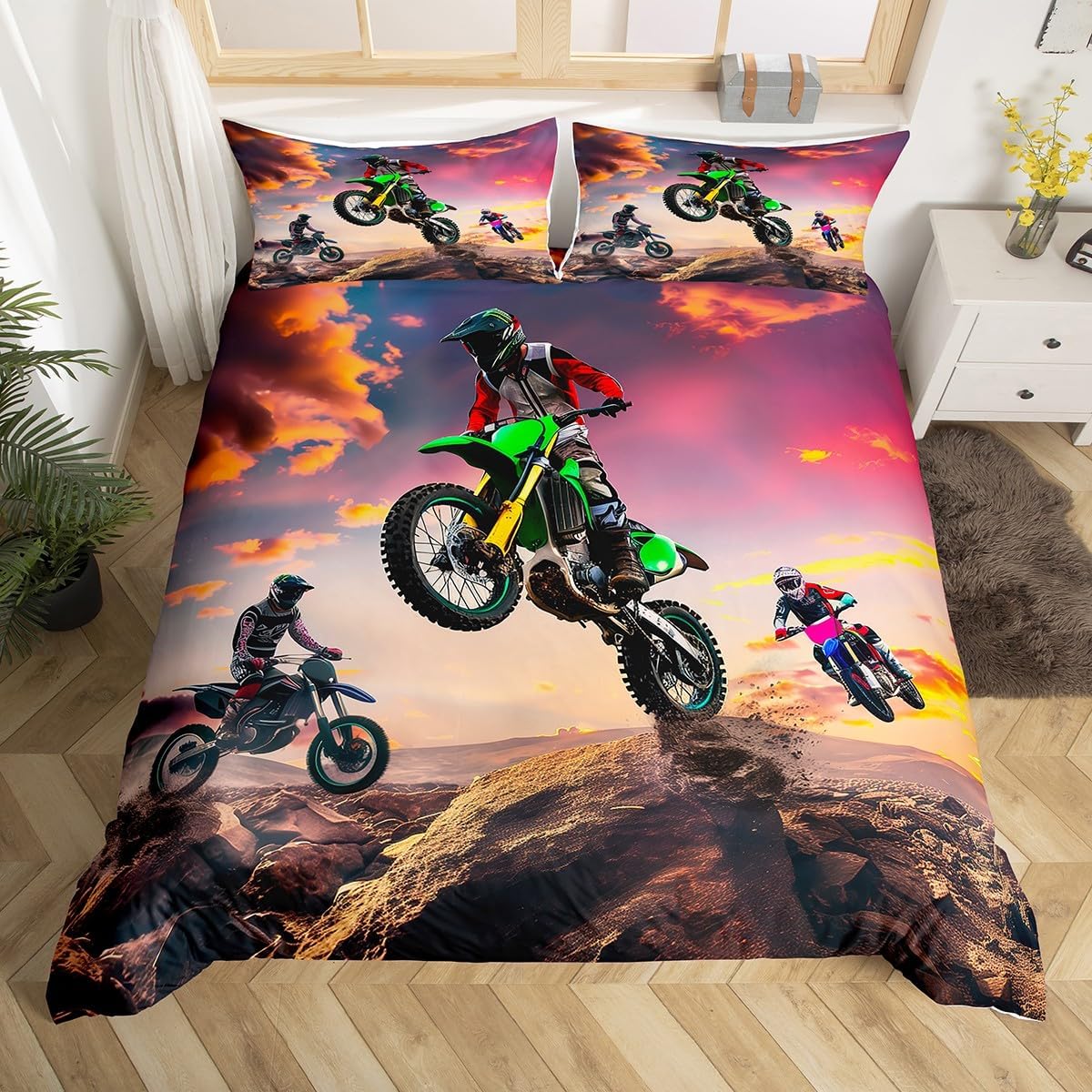 ErosebridalbMotorbike Comforter Cover Set Twin Size, Boys Motocross Rider Duvet Cover,