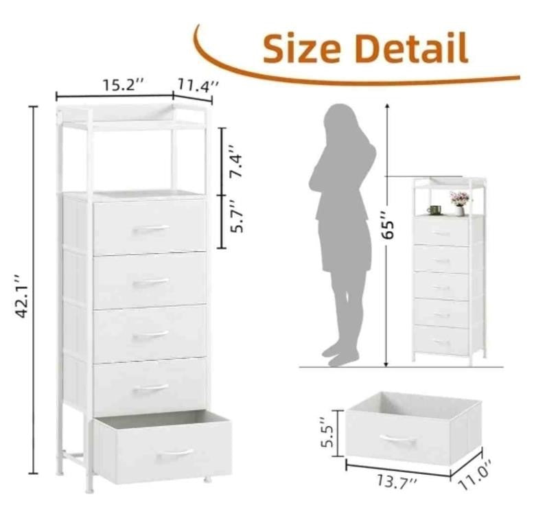 Dresser with 5 Fabric Drawers and 2-Tier Shelf, White, FD134C09