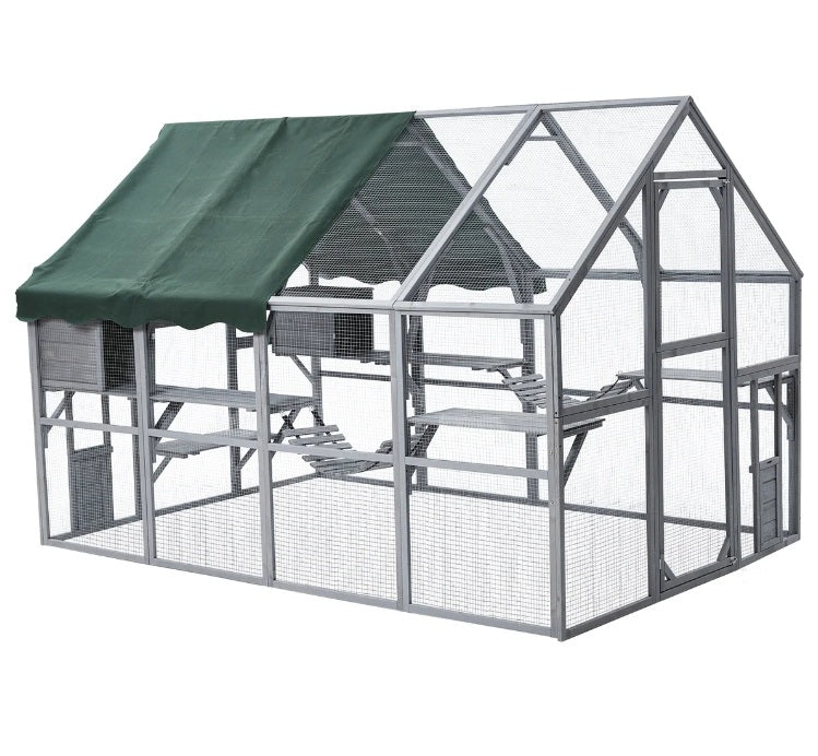 Weatherproof Wooden Outdoor Catio Cat Enclosure – 110 Inch GREY