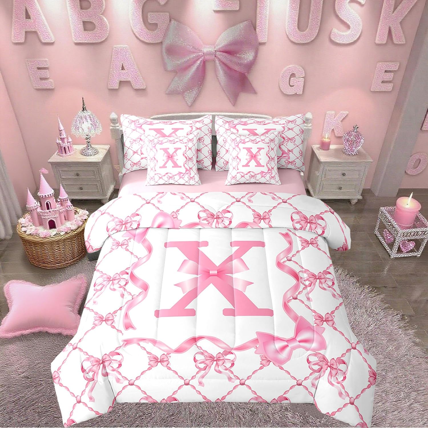 Erosebridal 7Pcs Pink Bow Bed, Queen Size, Initial Letter X