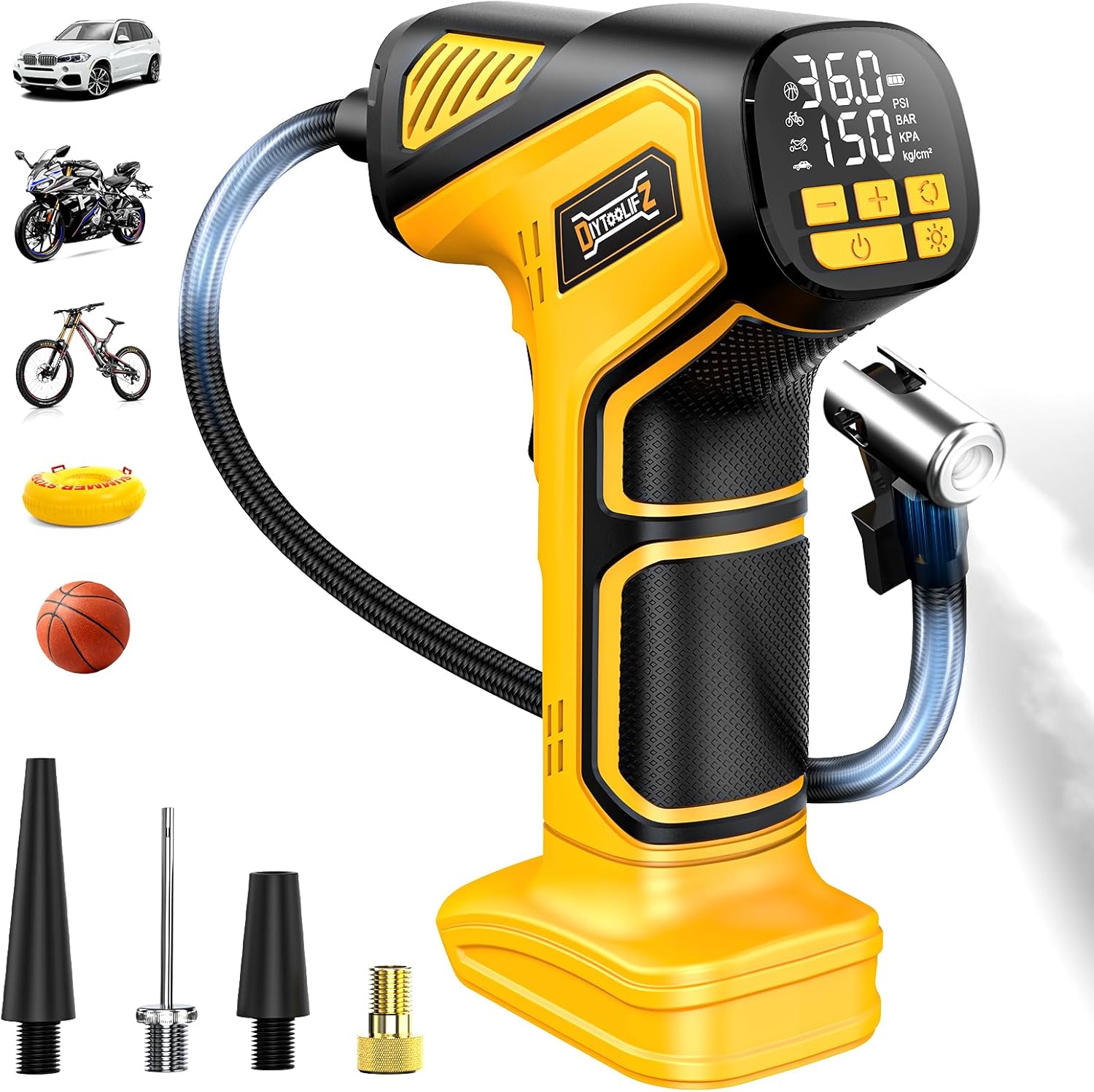 DIYtoolifz Cordless Tire Inflator, 150PSI, CZK-5602, Yellow 20V
