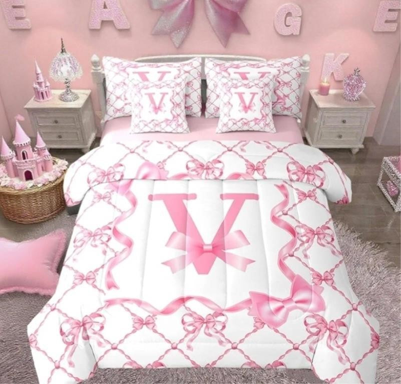 Erosebridal 7Pcs Cute Preppy Bow Bed, Queen Size, Initial V