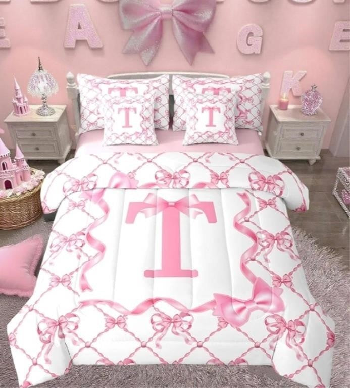Erosebridal 7Pcs Cute Bow Bed, Twin Size, Initial T