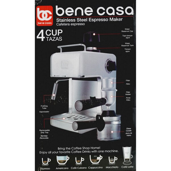 Bene Casa BC-99151 4-cup Espresso Maker with Frother, Silver