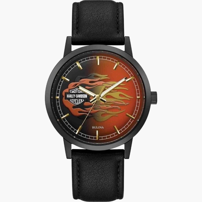 Bulova Harley Davidson Men's Watch, 40mm Orange Dial, Black Leather Strap, #78A123