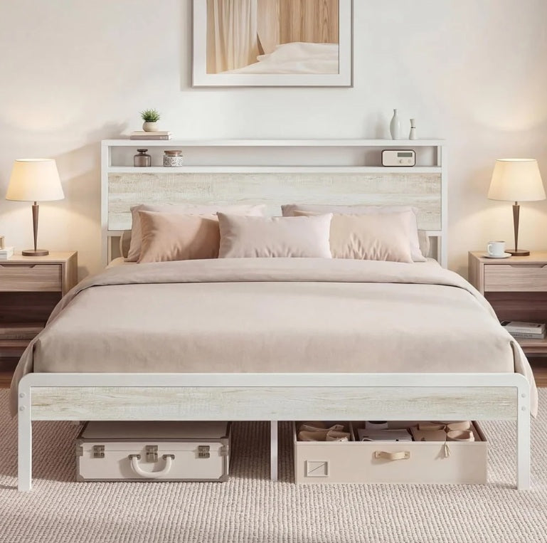 Queen Bed Frame with 2-Tier Storage Shelf Headboard