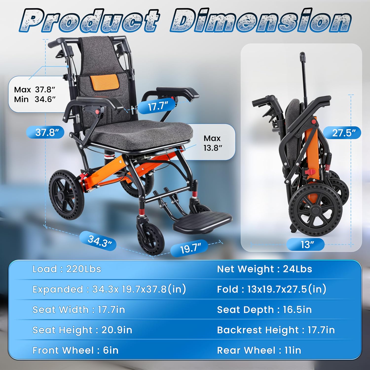 EYRAL Super Lightweight Portable Transit Travel Wheelchair, (Weight 24lbs) Orange