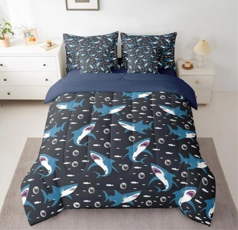 Feelyou Shark 7 Pieces Bedding Set Full Size, Shark Ocean, Black Blue