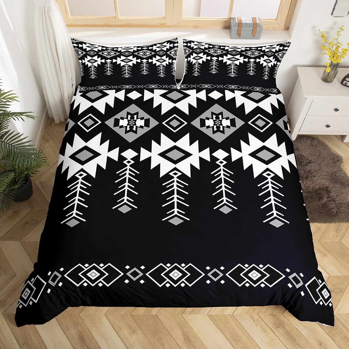Erosebridal Western Aztec Bedding Set Queen, Vintage Ethnic Rustic Geometric Bed Set, Black White