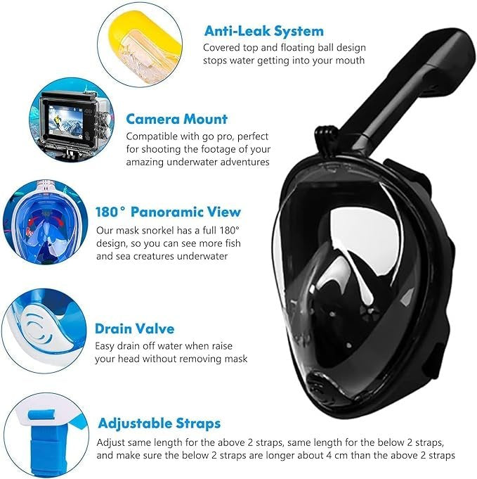 Full Face Snorkel Mask, Diving Mask for Kids and Adults,180° Panoramic View Snorkel Mask