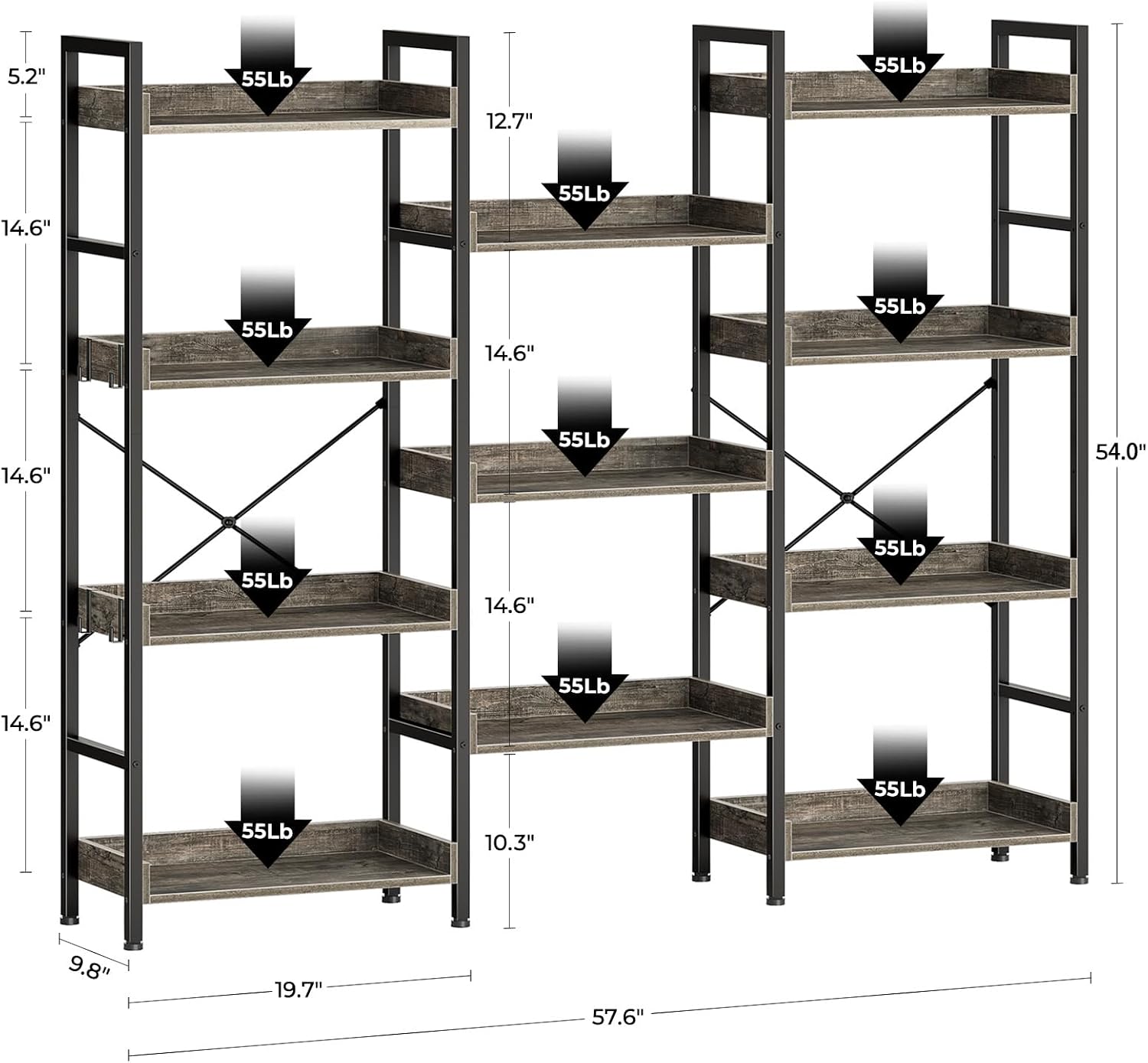 Rolanstar Triple Bookshelf, 4 Tier Industrial Bookshelf with Metal Frame, BC019-GY136-RR-VC, Grey