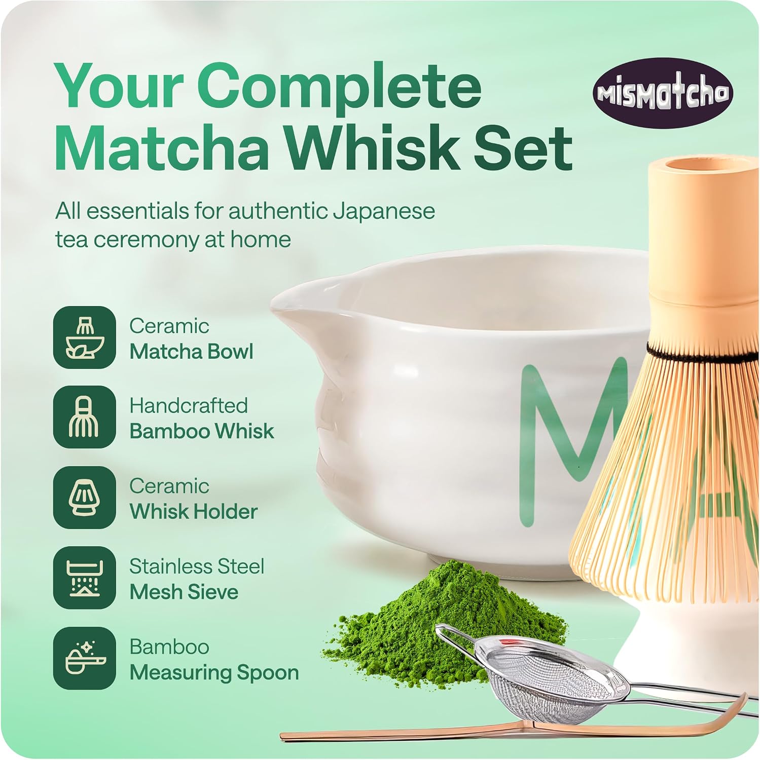 mismatcha Matcha Whisk Set with Pink Hearts - 5 Piece Gift Set ('Matcha')