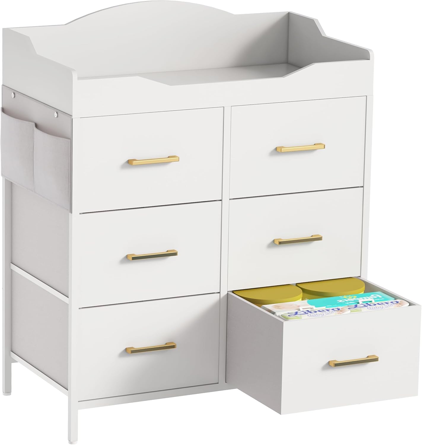 White Changing Table Dresser with 6 Fabric Drawers and Side Pockets