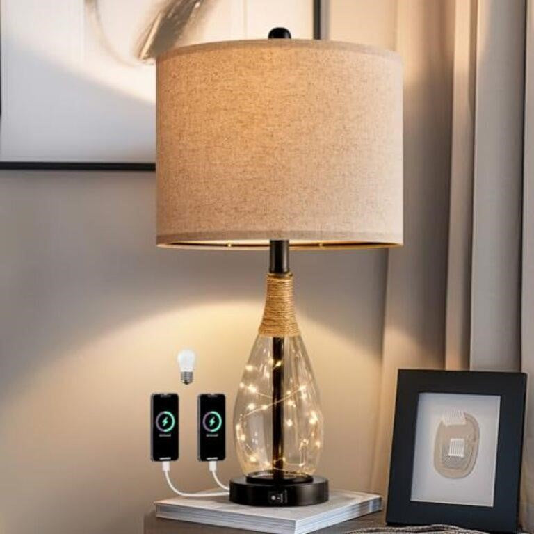 OYEARS Bedside Table Lamp with USB, 23", AMZ-T1140-U-1, Black/Beige