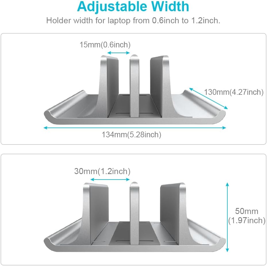 VAYDEER Double-Slot Adjustable Vertical Laptop Stand Newly Designed 2 Slot Aluminum Desktop Holder for All MacBook/Chromebook/Surface/Dell/iPad Up to 17.3 Inches - Silver