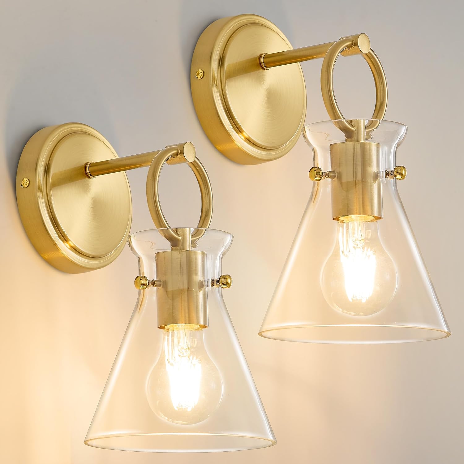 Gold Wall Sconces Set of 2 Vanity Light Fixture for Bathroom, 6'' Clear Glass