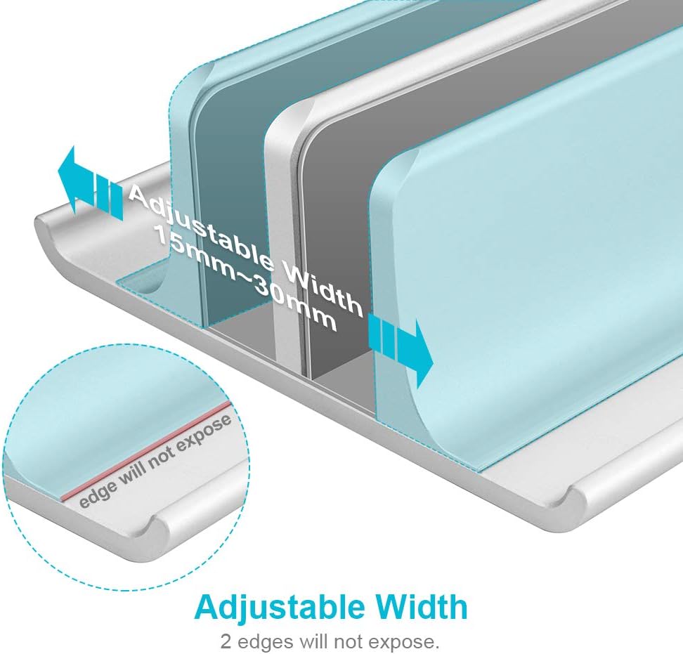 VAYDEER Double-Slot Adjustable Vertical Laptop Stand Newly Designed 2 Slot Aluminum Desktop Holder for All MacBook/Chromebook/Surface/Dell/iPad Up to 17.3 Inches - Silver