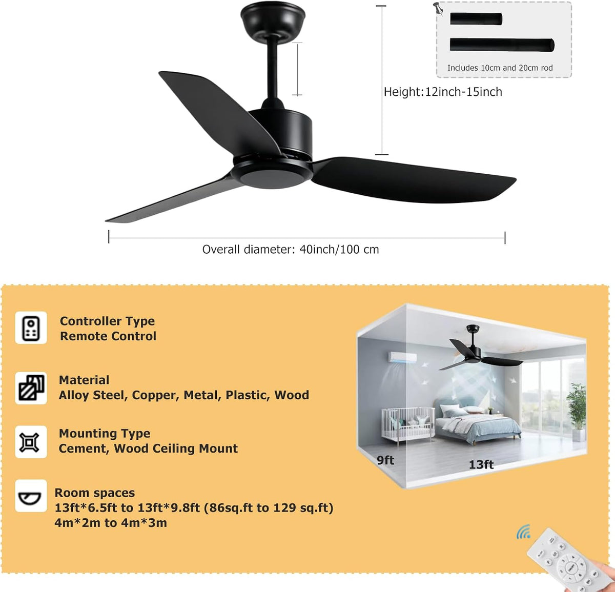 Black Ceiling Fan No Light with Remote Control, 40inch Indoor Outdoor