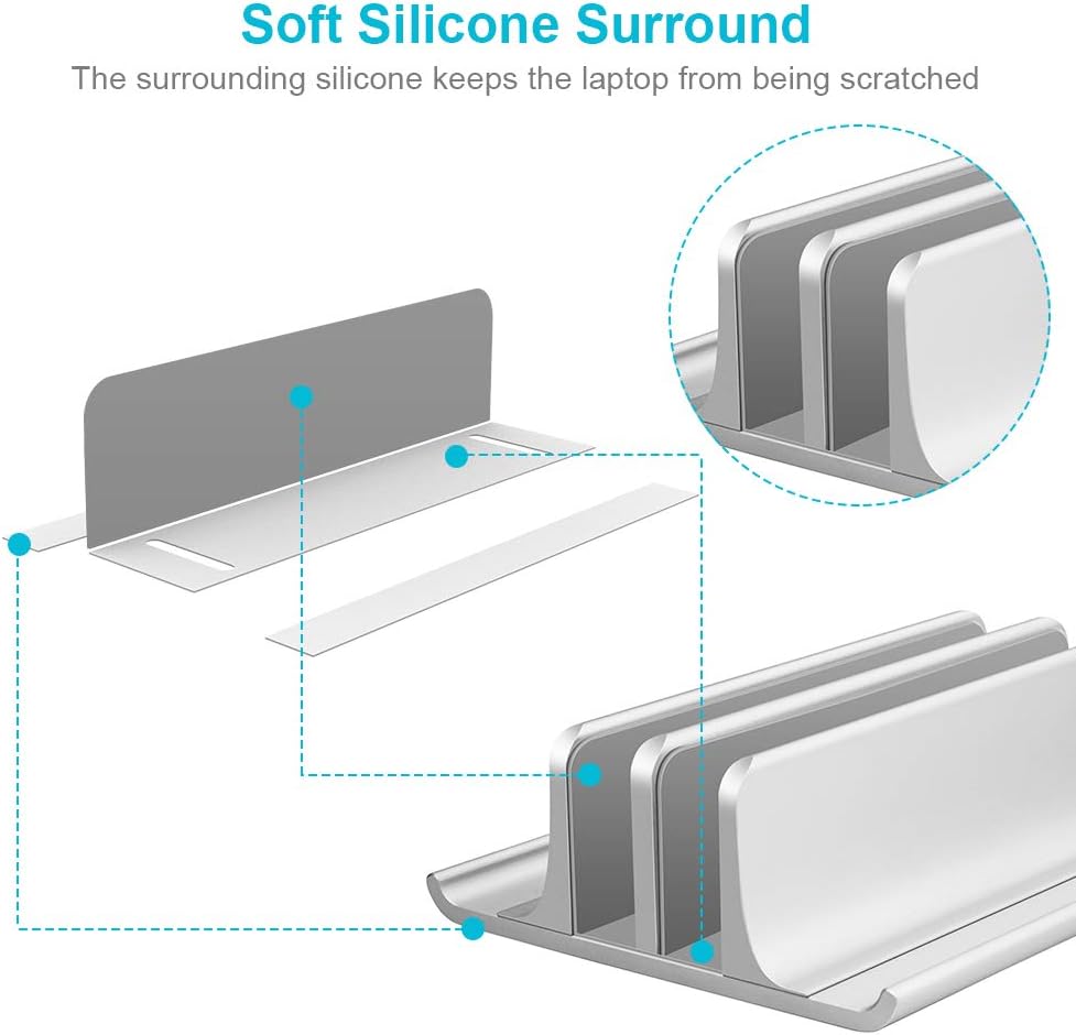 VAYDEER Double-Slot Adjustable Vertical Laptop Stand Newly Designed 2 Slot Aluminum Desktop Holder for All MacBook/Chromebook/Surface/Dell/iPad Up to 17.3 Inches - Silver