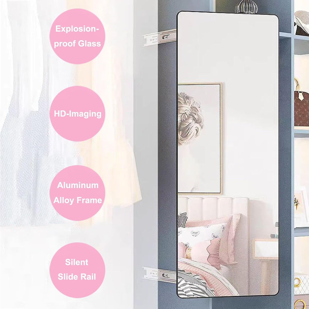 Closet Mirror, Retractable Full Length Mirror, 51" x 16" Wall Mounted Mirror, WHITE