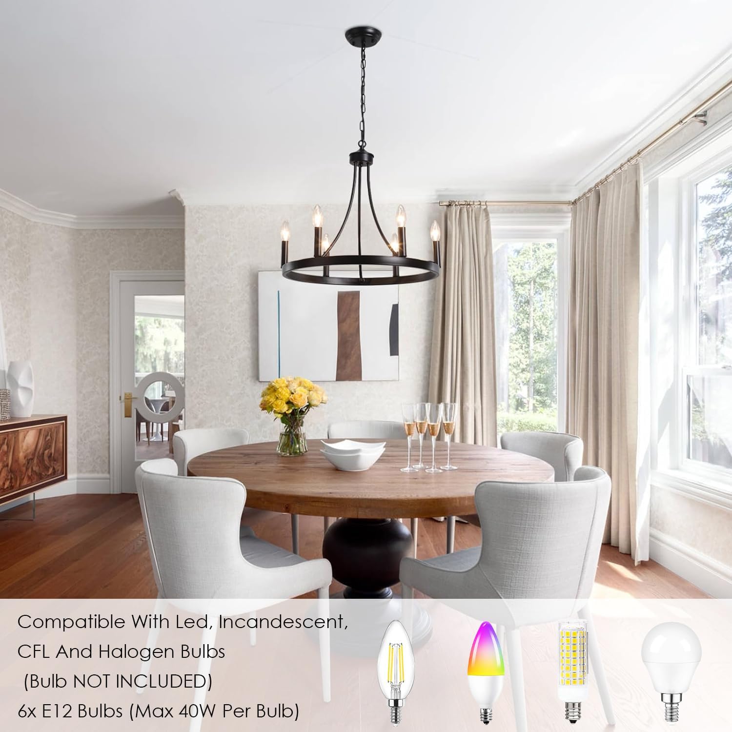 Wagon Wheel Chandelier 6 Lights Black Farmhouse