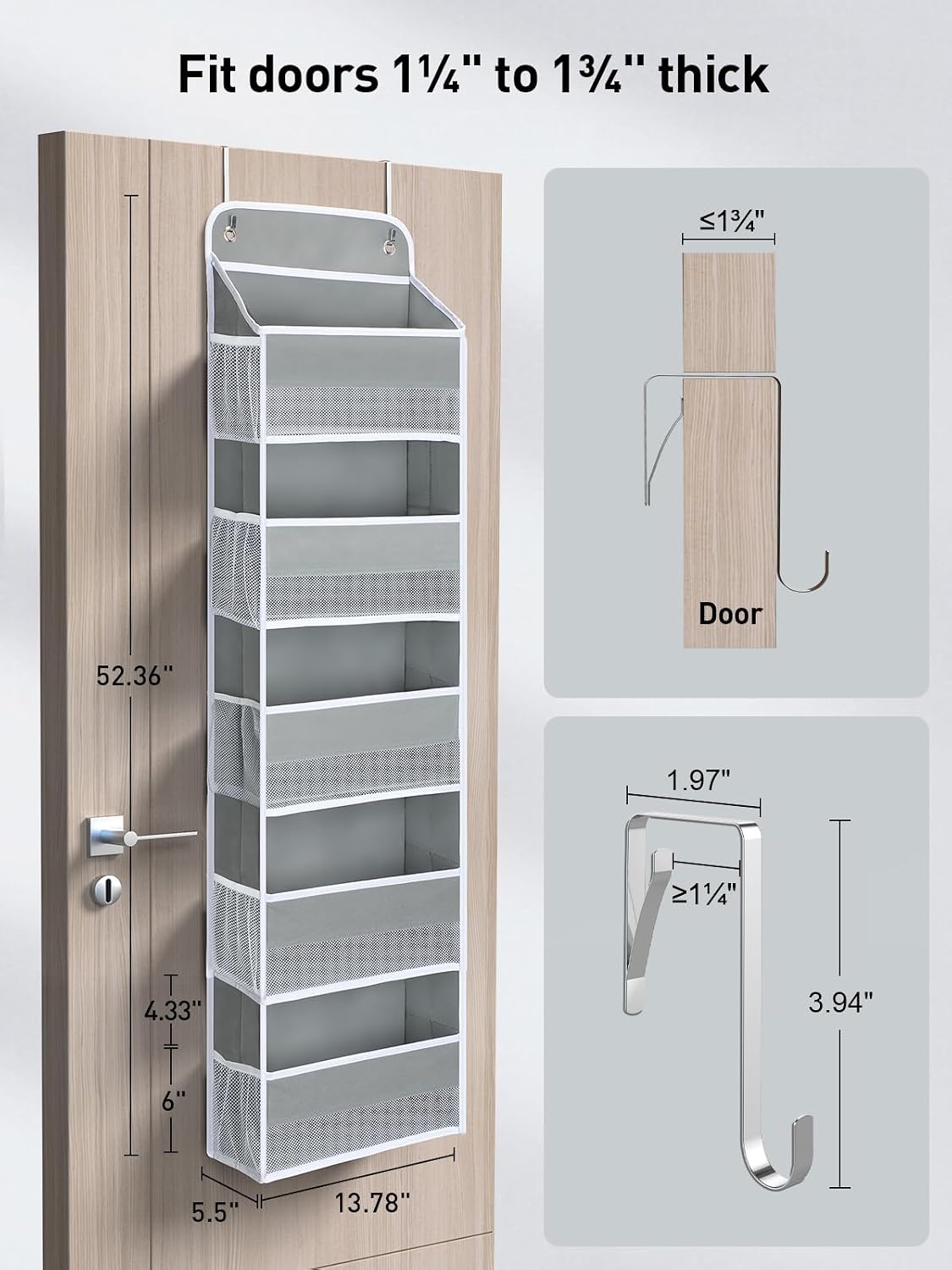 Over the Door Organizer with 5 Bins 10 Side Pockets, Grey 44lbs (5 TIER)