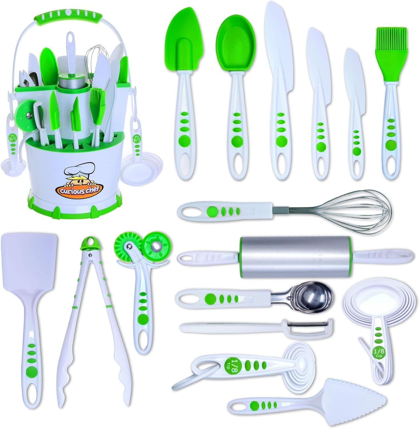 Curious Chef 30-Piece Caddy Collection Cookware, White/Green