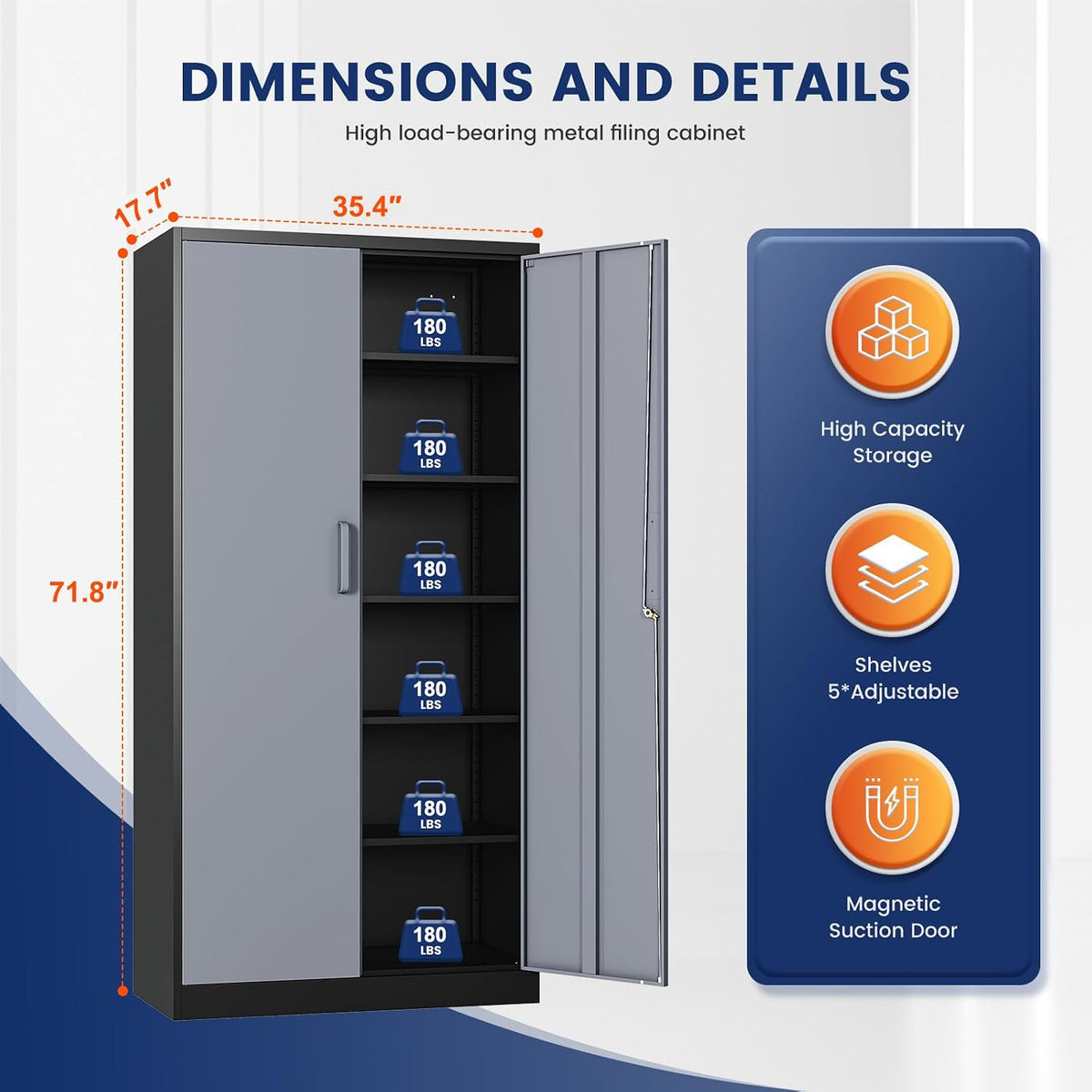 Yizosh Metal Storage Cabinet with Locking Doors and 5 Adjustable Shelves, 72"