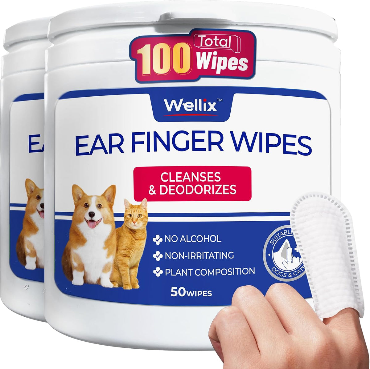 Wellix Pet Ear Cleaner Wipes for Dogs & Cats, Perfect Finger Fit, 100 Count (400 Wipes Total)