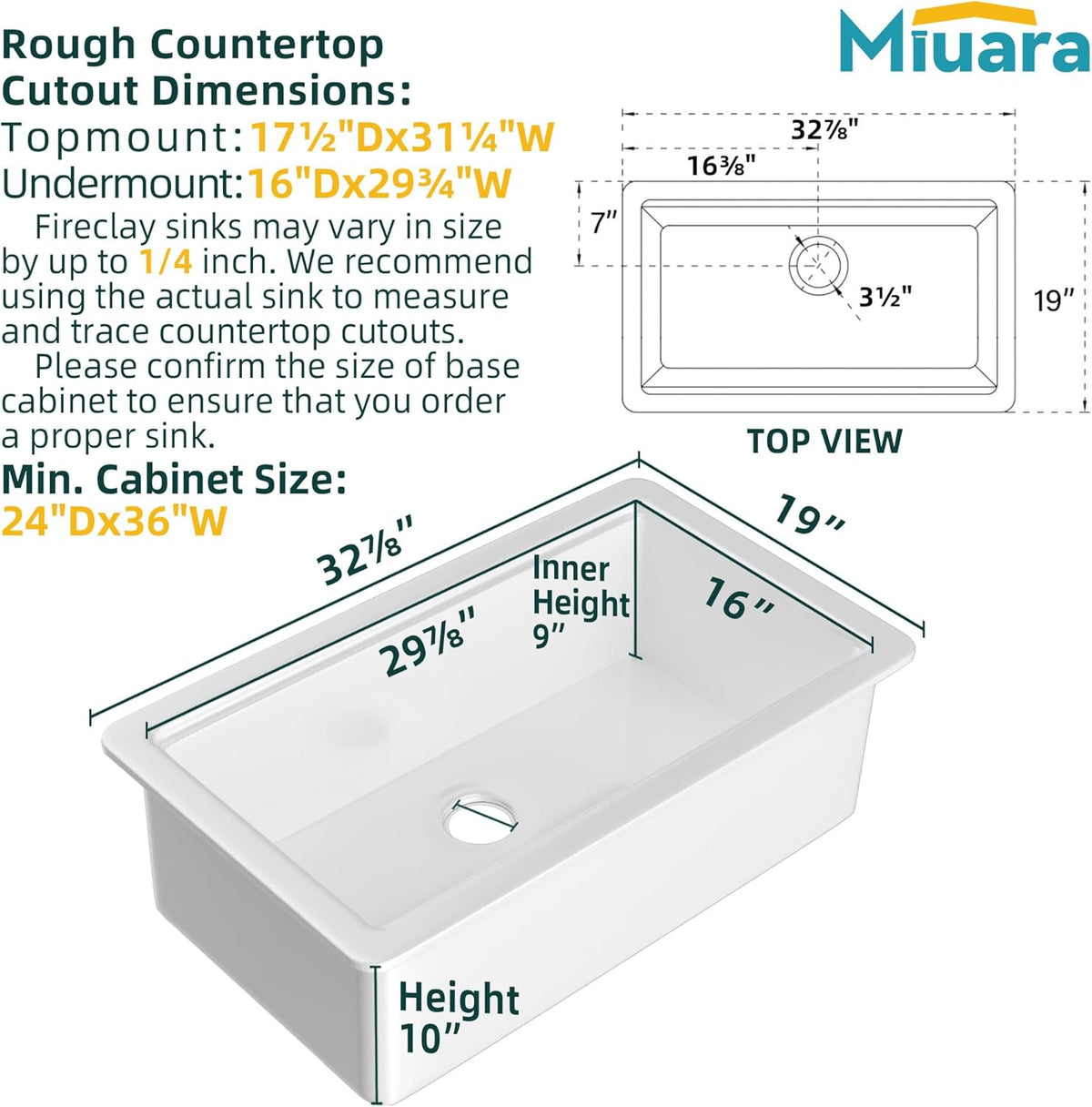 Miuara 33 x 19 Inch Undermount or Drop In Workstation Kitchen Sink, White