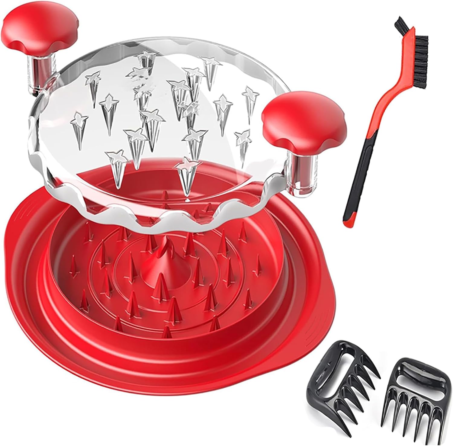 Chicken Shredder with Brush 9" Chicken Shredder Tool Twist Large Stable Anti-Slip BPA Free Meat Shredder Tool Twist Ergonomic Handle Meat Grinder Dishwasher-safe Transparent Lid Red