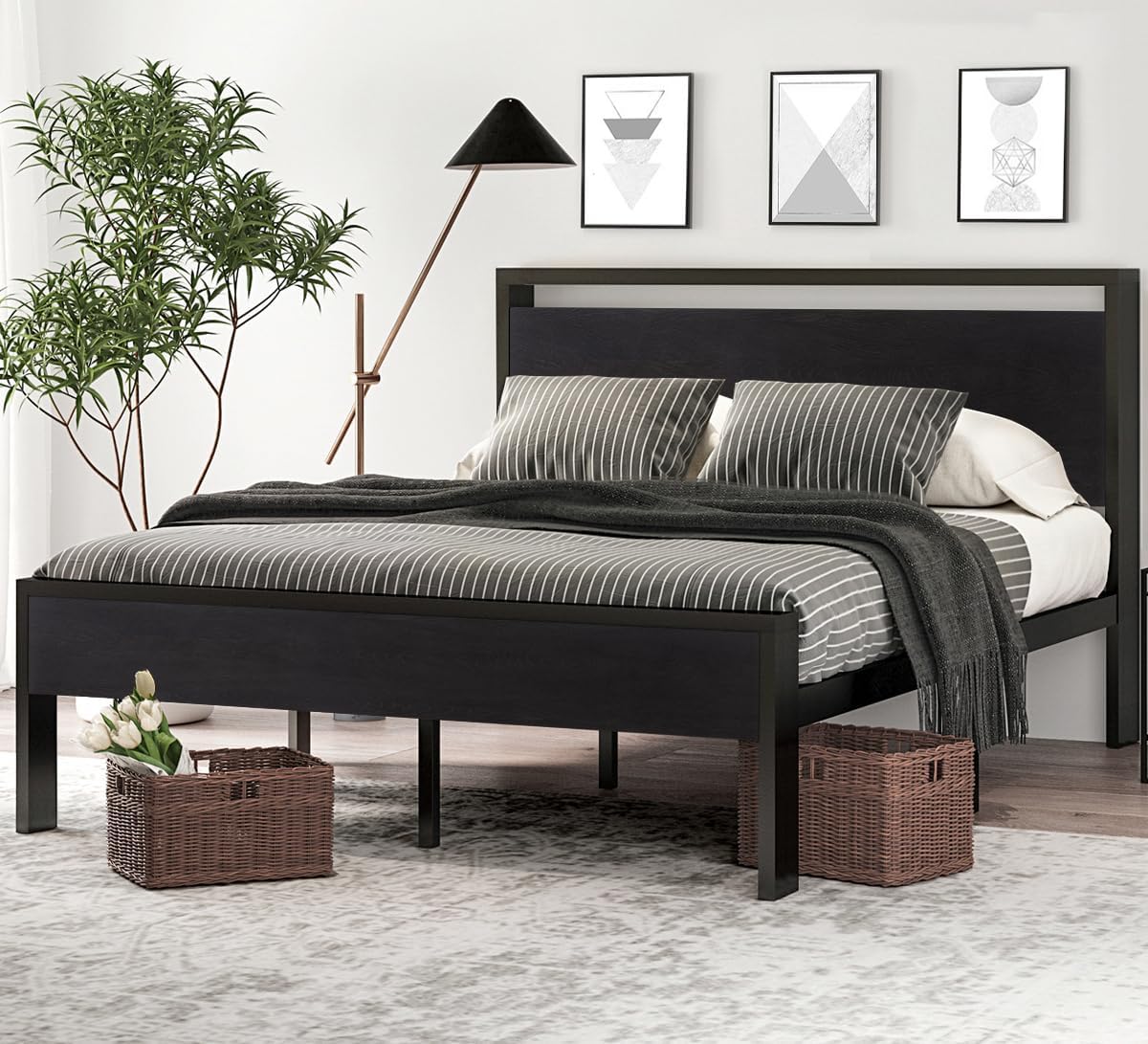 Queen Size Metal Platform Bed Frame with Wooden Headboard and Footboard, 14 Inch