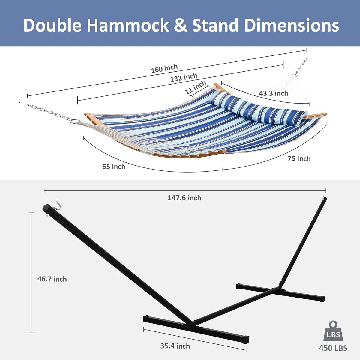 SUNCREAT Double Hammock with Stand Included, Blue Stripes