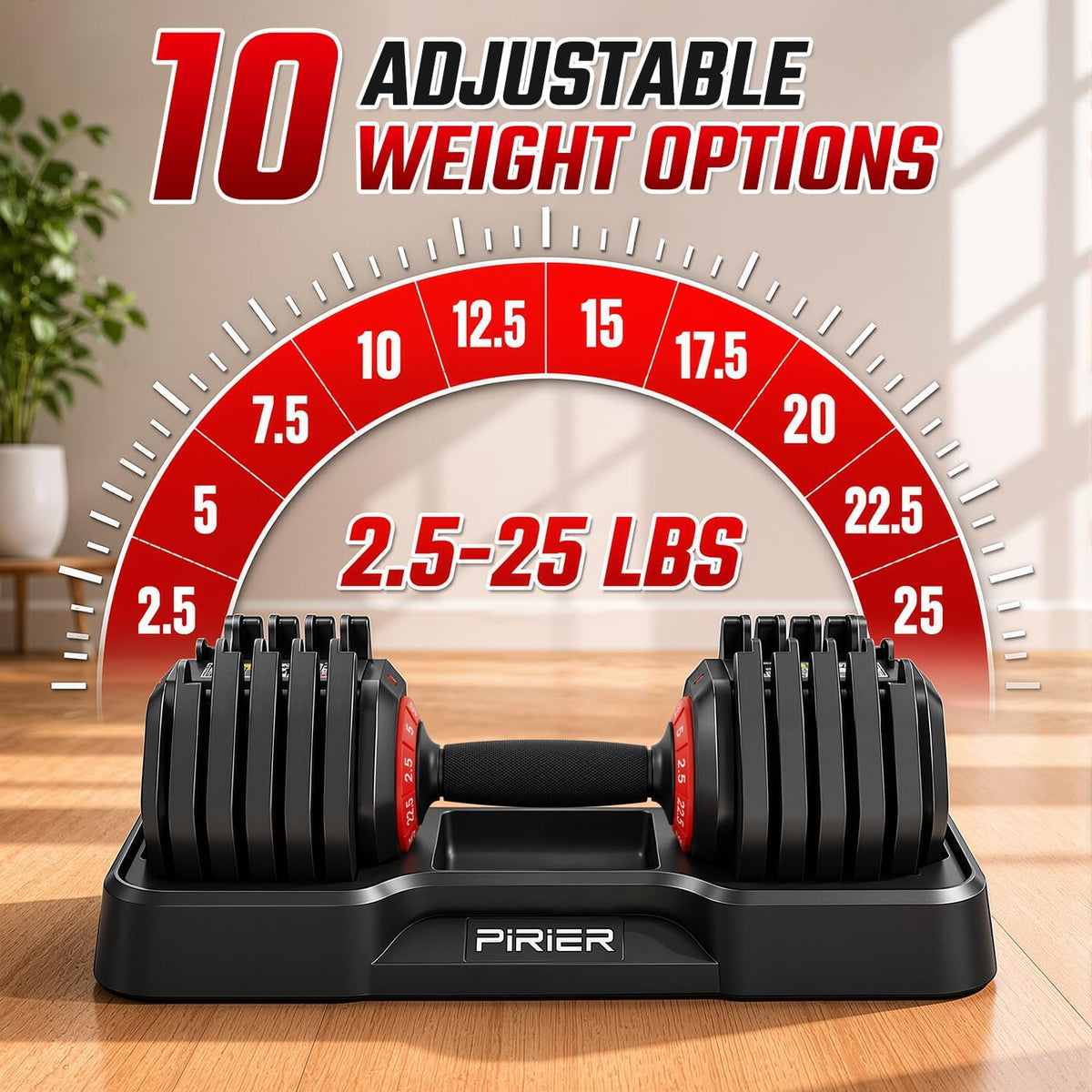 PIRIER Adjustable Dumbbell Set 25LB, 10-in-1
